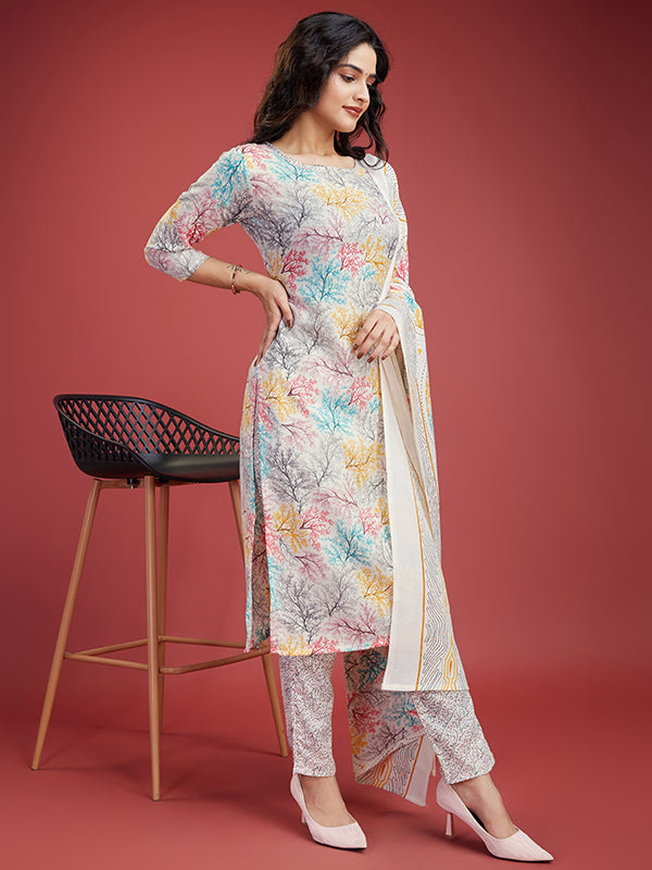 Cream Floral Cotton Printed Kurti With Pant & Dupatta Set