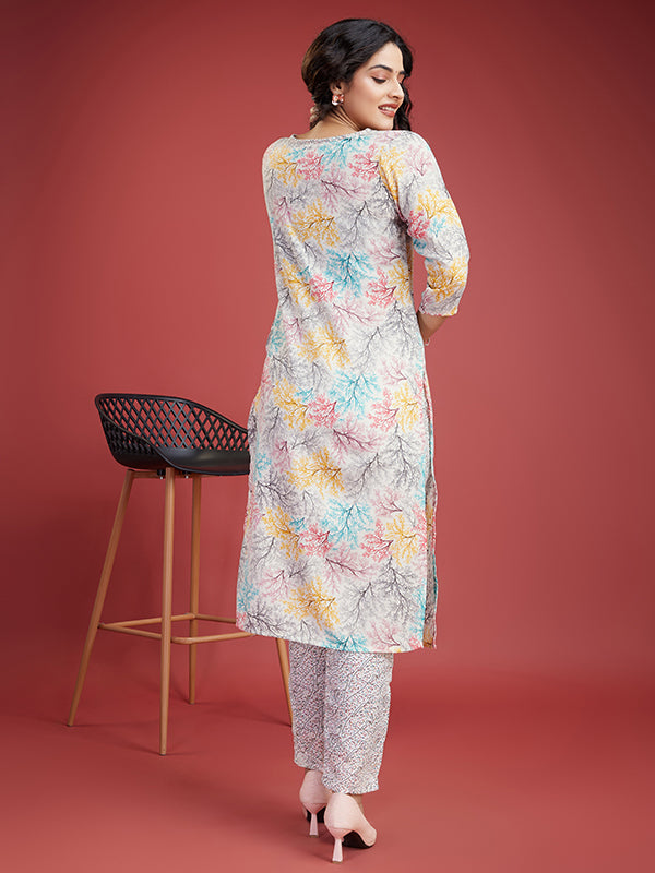 Cream Floral Cotton Printed Kurti With Pant & Dupatta Set