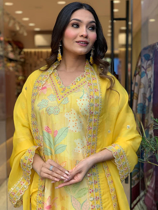 Yellow Viscose Printed Kurti With Pant & Dupatta Set