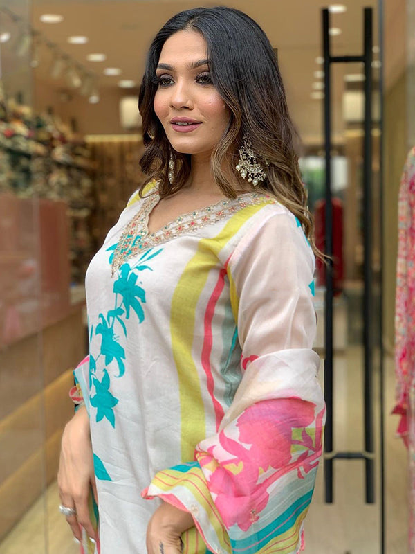 Taby Multicolor Printed Kurti With Pant & Dupatta Set