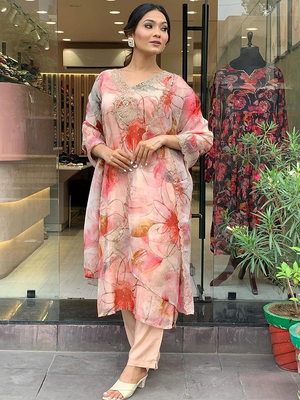 Peach Organza Printed Kurti With Pant & Dupatta Set