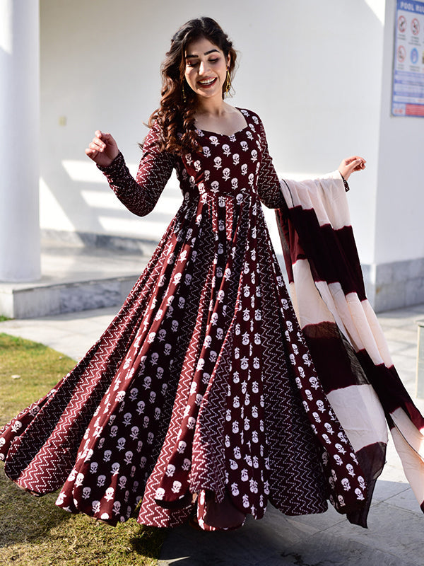 Coffee Maroon Anarkali Gown With Dupatta Set