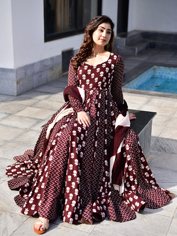 Coffee Maroon Anarkali Gown With Dupatta Set – Niharika Style