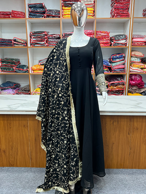 Black Anarkali Georgette Gown With Golden Dupatta Set