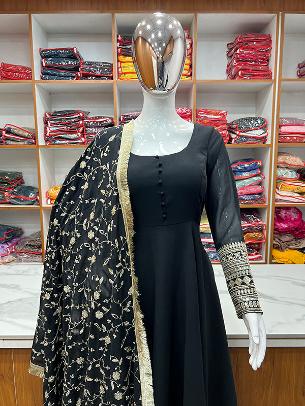 Black Anarkali Georgette Gown With Golden Dupatta Set