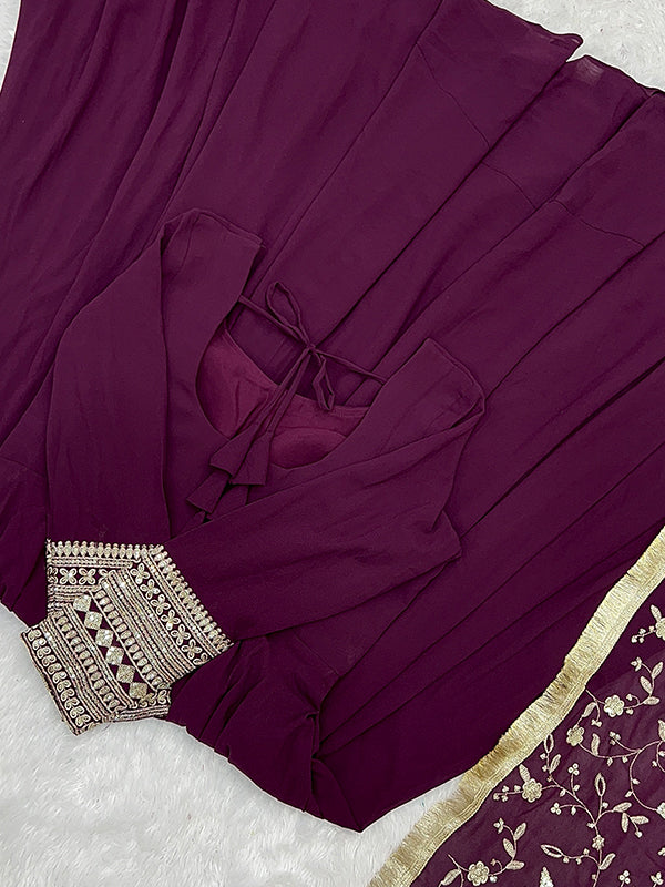 Wine Anarkali Georgette Gown With Golden Dupatta Set