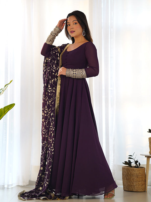 Wine Anarkali Georgette Gown With Golden Dupatta Set