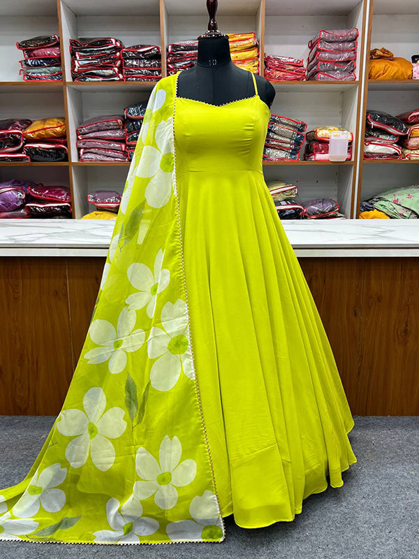 Light Green Georgette Plain Gown With Printed Dupatta Set