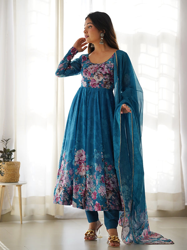 Blue Flower Printed Anarkali Kurti With Pant & Dupatta Set