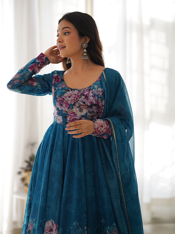 Blue Flower Printed Anarkali Kurti With Pant & Dupatta Set