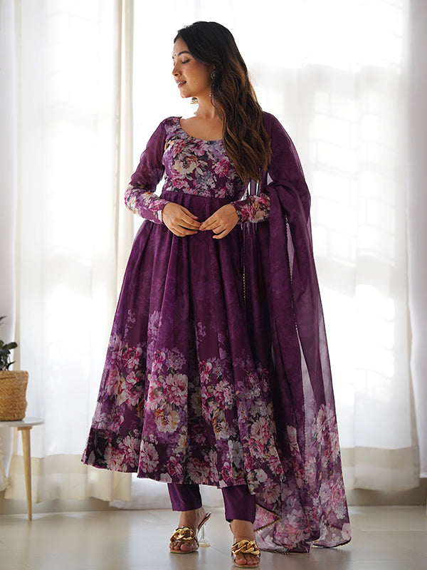 Wine Flower Printed Anarkali Kurti With Pant & Dupatta Set