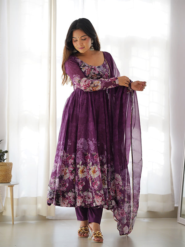 Wine Flower Printed Anarkali Kurti With Pant & Dupatta Set