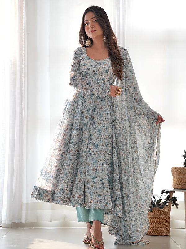 Wine Flower Printed Anarkali Kurti With Pant & Dupatta Set