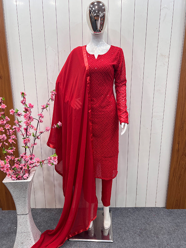 Red Lakhnavi Chikankari Kurti With Pant & Dupatta Set