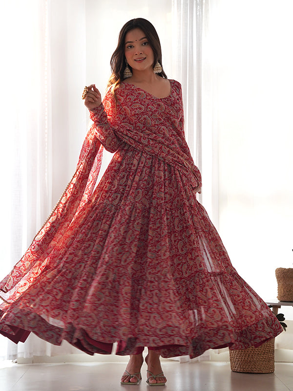 Layered Maroon Printed Anarkali Gown With Pant & Dupatta Set