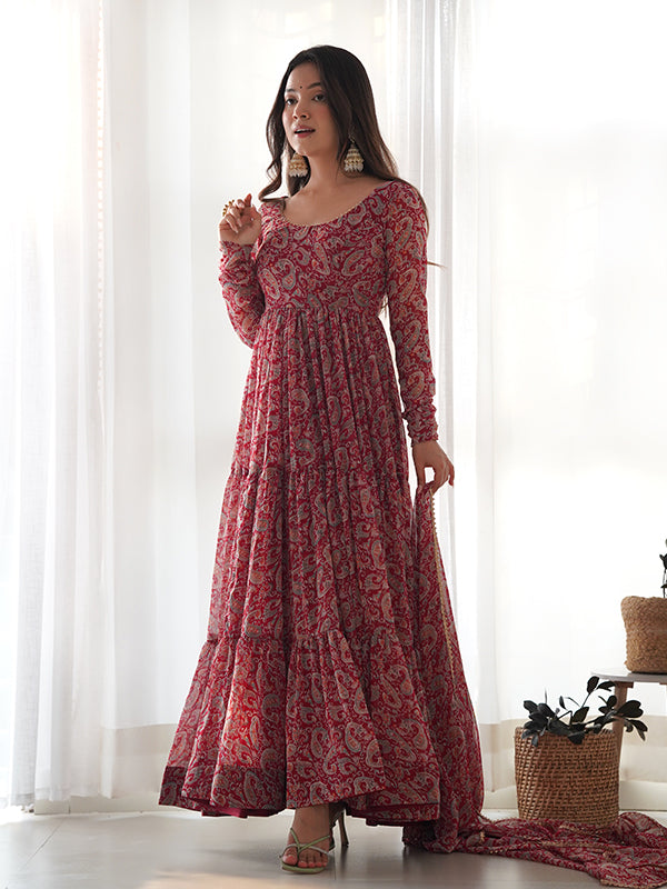 Layered Maroon Printed Anarkali Gown With Pant & Dupatta Set