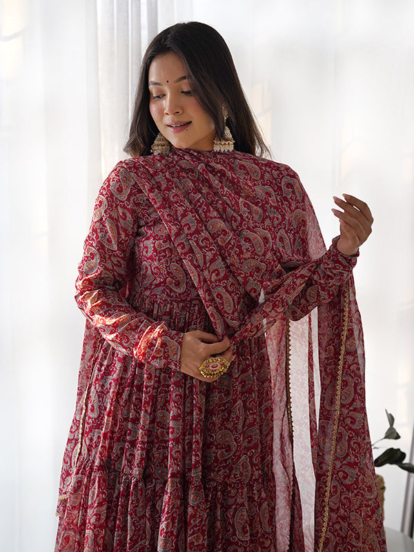 Layered Maroon Printed Anarkali Gown With Pant & Dupatta Set