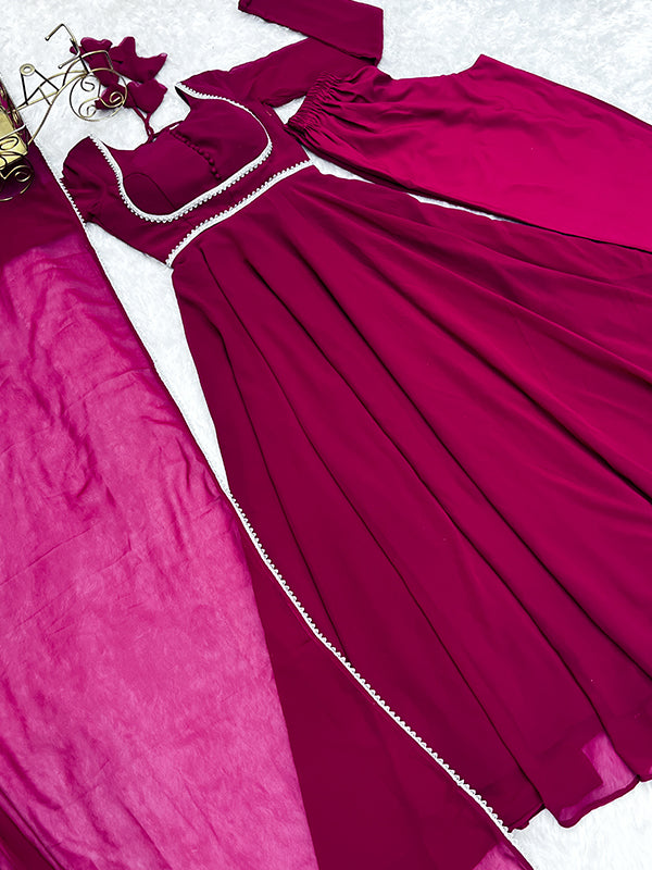 Hot Pink Georgette Anarkali Kurti With Pant Dupatta Set