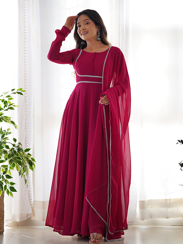 Hot Pink Georgette Anarkali Kurti With Pant Dupatta Set