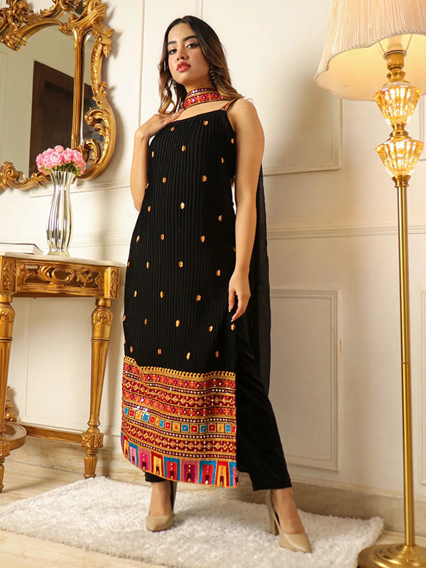 Embellished Black Thread Work Kurta With Trouser & Dupatta