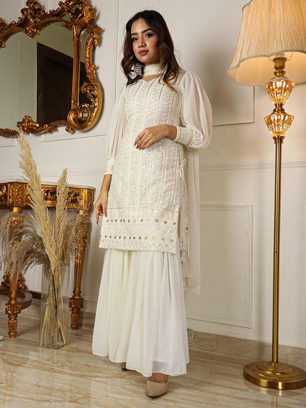 Lakhnavi Off White Kurta With Sharara & Dupatta Set