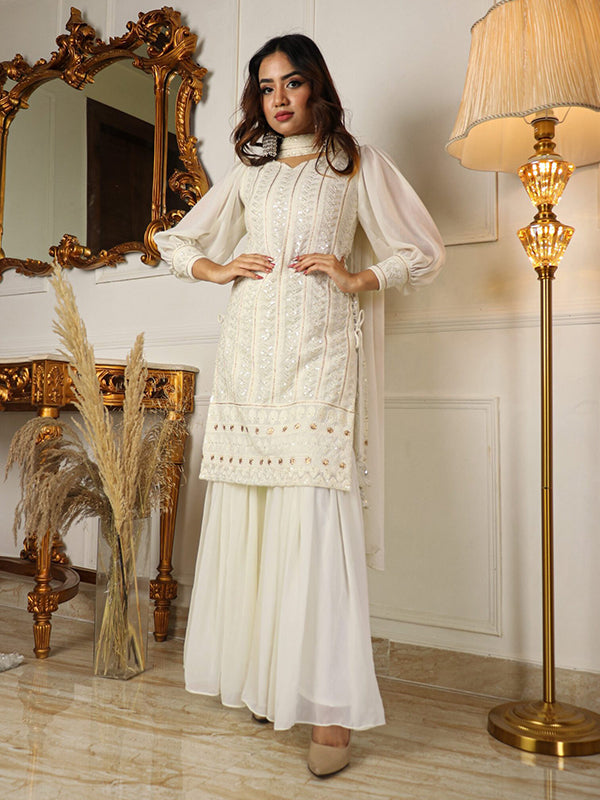 Lakhnavi Off White Kurta With Sharara & Dupatta Set