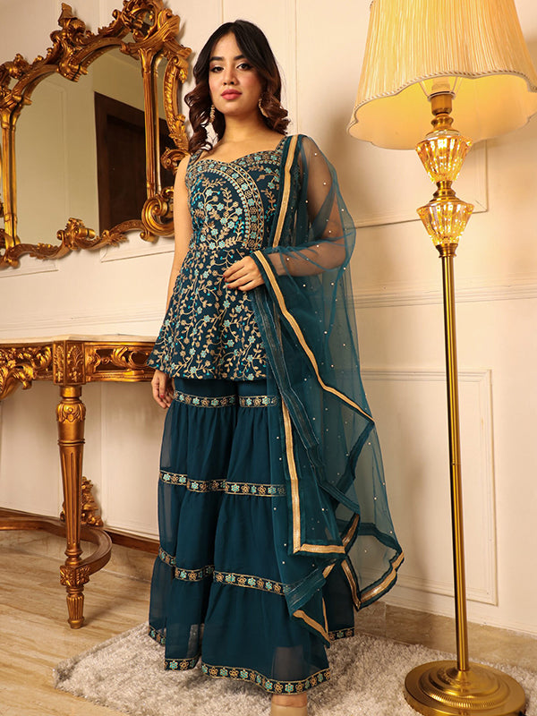 Teal Green Embroidered Kurta With Sharara & Dupatta Set