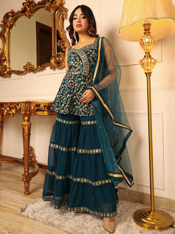 Teal Green Embroidered Kurta With Sharara & Dupatta Set