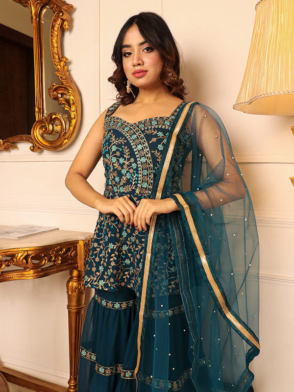 Teal Green Embroidered Kurta With Sharara & Dupatta Set